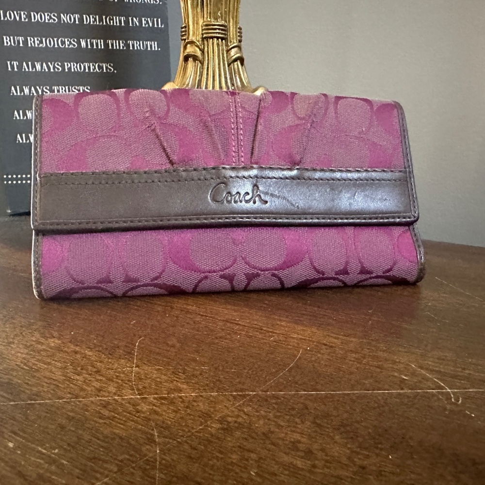 Authentic Coach Pink Purple Jacquard Signature Brown Leather Wallet